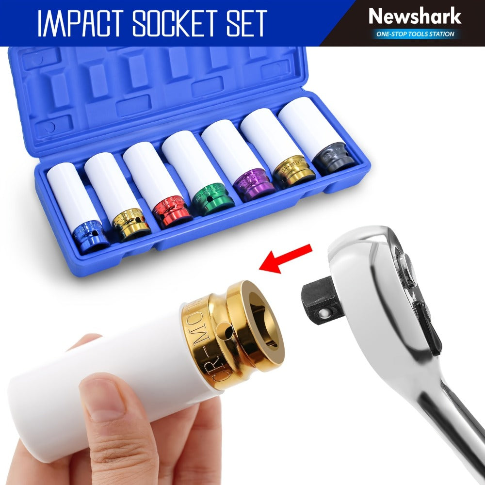 Lug Nut Socket Set 7-Piece 1/2" Drive, Metric 17/19/21/22/23/24/27mm Thin Wall Impact Wheel Sockets with White Covers for Car