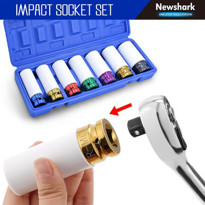 Lug Nut Socket Set 7-Piece 1/2" Drive, Metric 17/19/21/22/23/24/27mm Thin Wall Impact Wheel Sockets with White Covers for Car