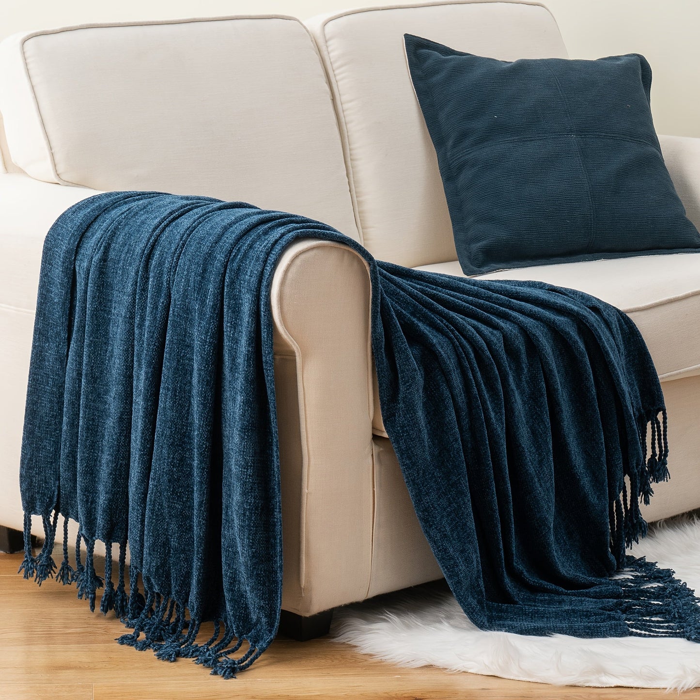 Chenille Fringe Throw Blanket, 180-200gsm Velvety Decorative Throw for Sofa & Couch, Home Decor, 50”×60”
