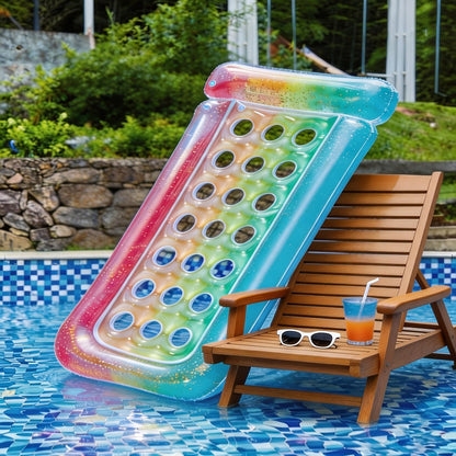 Rectangular Inflatable Pool Bed with Raised Pillow, Round Vent Holes and Rainbow or Mermaid Designs