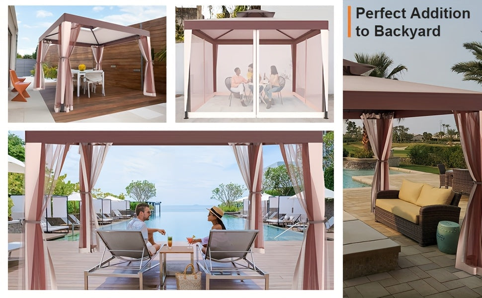 Gazebo with Mosquito Netting Steel Frame, Backyard Garden BBQ Party for Grilling, Camping and Outdoor Meals