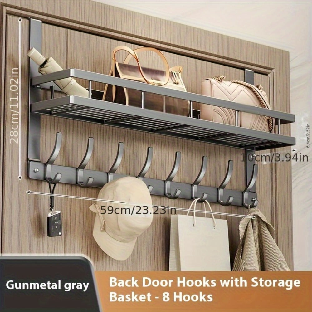 Over-the-Door Storage Rack with Metal Basket Shelf, 4 to 8 Hooks and Gray or Black Length Options
