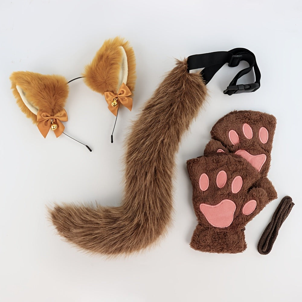 Cat Costume Set 3 Piece, Bell Ear Headband, Plush Paw Gloves & Adjustable Tail for Halloween, Cosplay