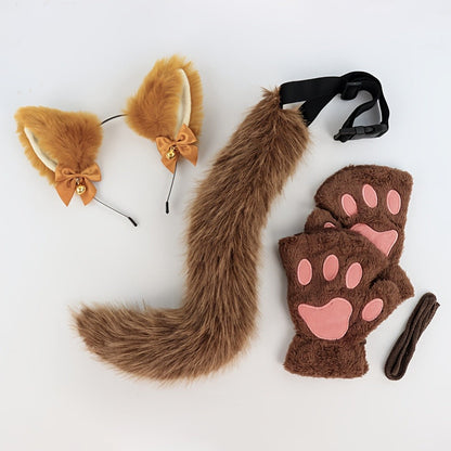 Cat Costume Set 3 Piece, Bell Ear Headband, Plush Paw Gloves & Adjustable Tail for Halloween, Cosplay
