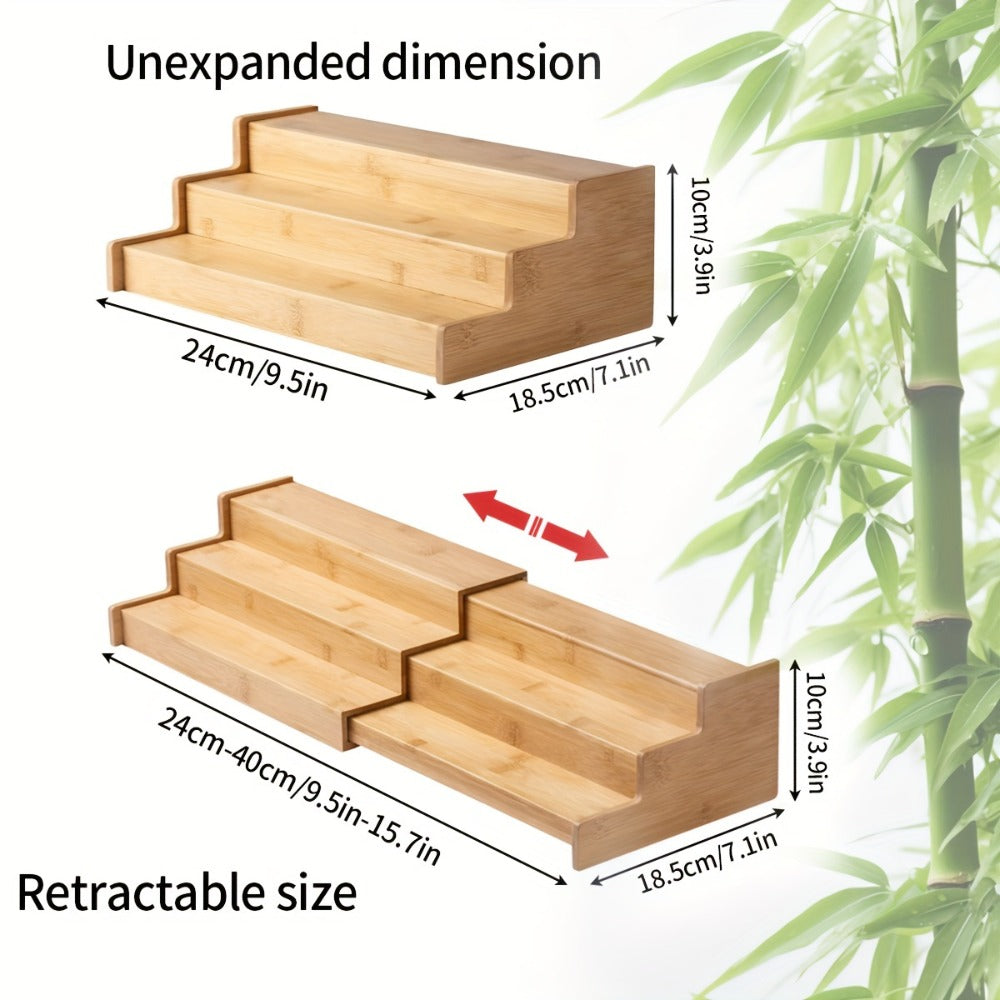 Expandable Bamboo Spice Rack with Three Stepped Tiers, 9.5-15.7-Inch Width and One- or Two-Piece Options
