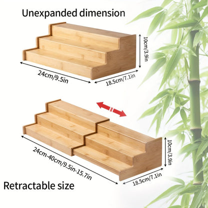 Expandable Bamboo Spice Rack with Three Stepped Tiers, 9.5-15.7-Inch Width and One- or Two-Piece Options