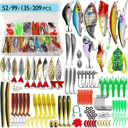Fishing Lures Tackle Box Kit 52–360pcs – Animated Lures, Crankbaits, Spinnerbaits, Soft Plastic Worms & Topwater Lures for Bass, Trout