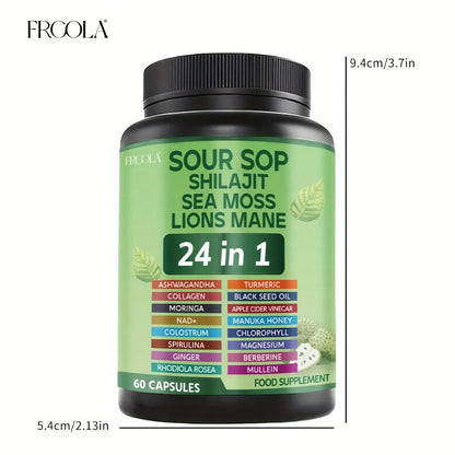 24-in-1 Daily Wellness Capsules with Soursop, Shilajit, Sea Moss & Lion's Mane, 2238mg Immune & Liver Health Formula for Men & Women