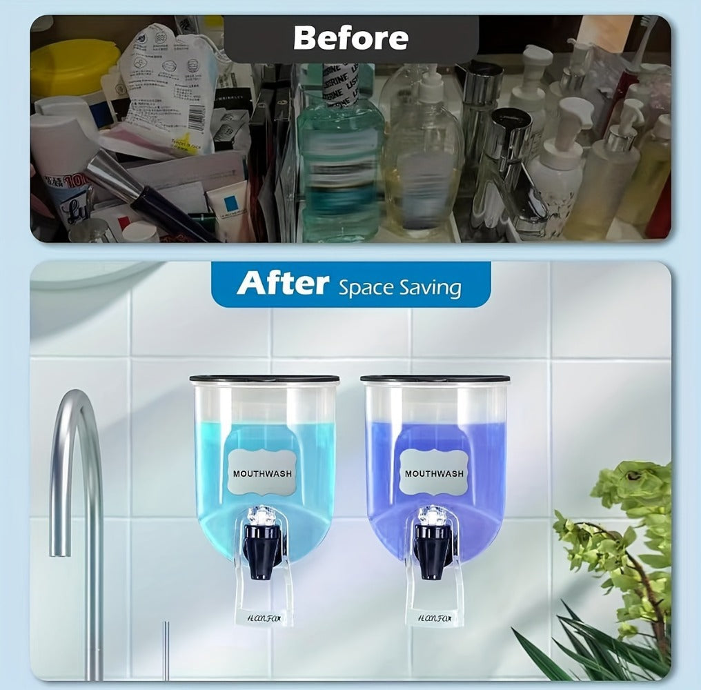 Mouthwash Dispenser Wall Mounted 2-Pack 21 oz Plastic Container - No Electricity Required for an Everyday Personal Care Routine