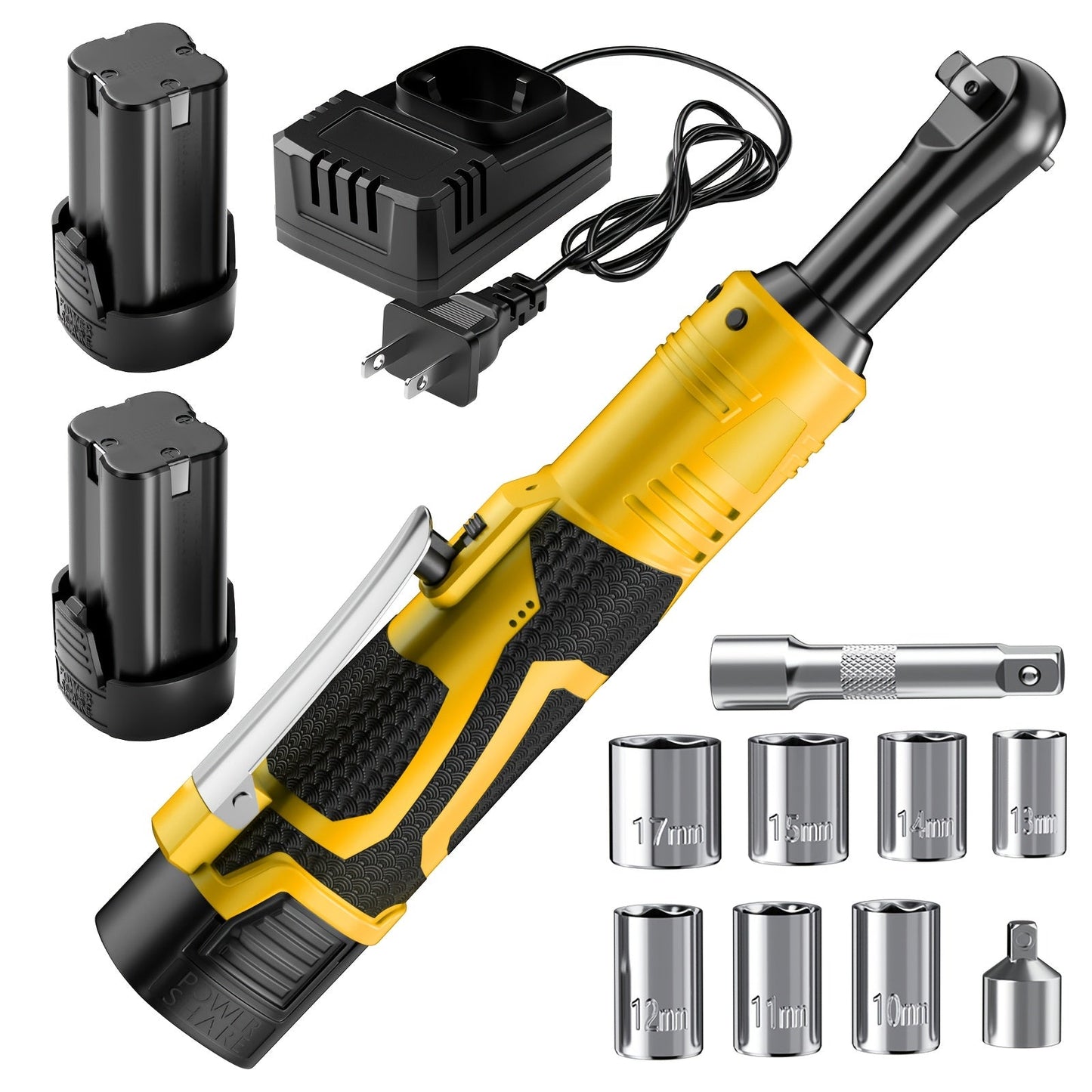 Cordless Electric Ratchet Wrench Set 3/8 inch Variable Speed Trigger Grip 9 Sockets Lithium-Ion for Home, Garage and DIY Projects