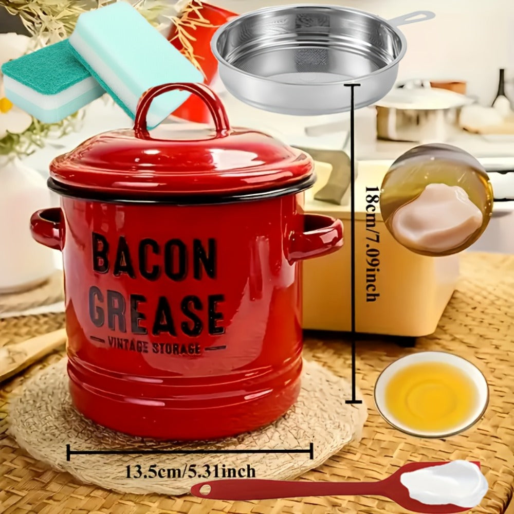Bacon Grease Container with Lid, Large Grease Storage Can with Heat-Resistant Filter, Silicone Spatula & Cleaning Sponge Set