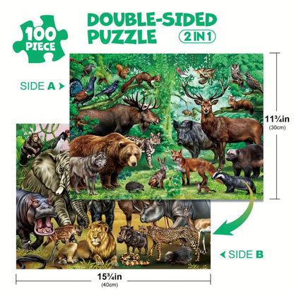 Double Sided Puzzle for Kids 100 Pieces Jungle Animals, 2-in-1 Jigsaw Educational Toy for Boys & Girls Ages 3 4 5 6 7 8