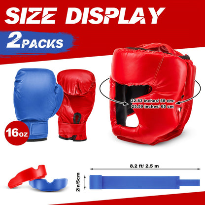 Boxing Kit Set 14pcs – 2 Pairs 16oz Boxing Gloves, Headgear, Hand Wraps & Mouthguards for Adults & Youth Beginners