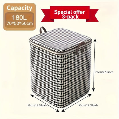 Four-Piece Houndstooth Fabric Storage Box Set with Handles, Double Zippers and Black-and-White Pattern