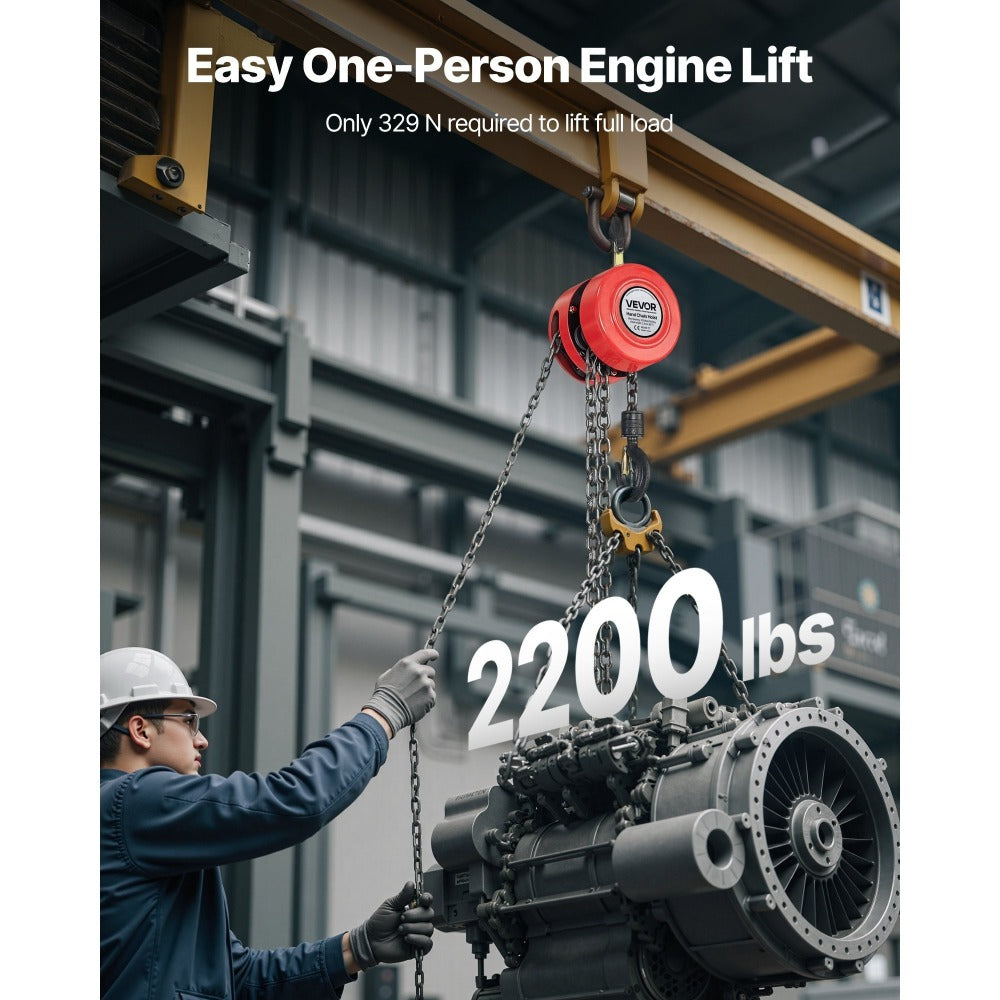 Hand Chain Hoist / Manual Chain Block with G70 Chain, 8 ft / 10 ft / 20 ft Lift Height, 360° Rotating Hooks