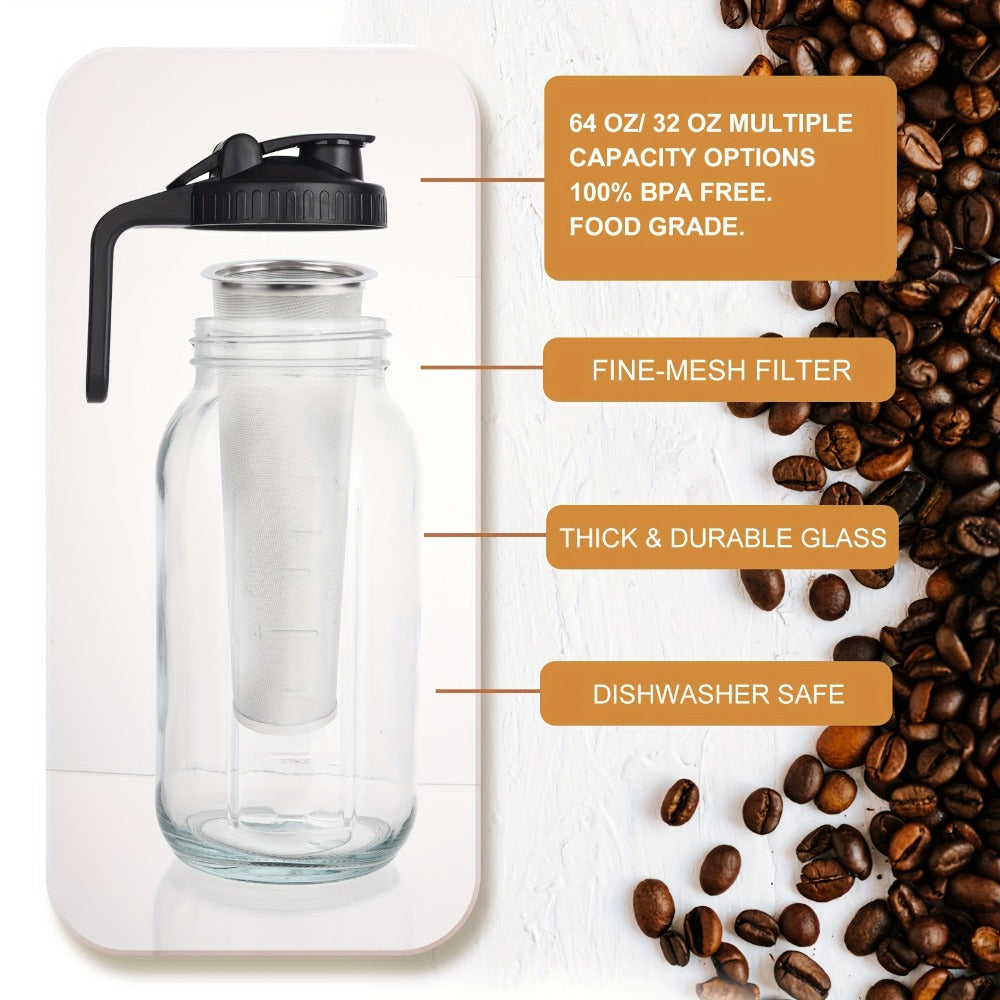 Cold Brew Coffee Pot Set with Stainless Steel Filters & Cleaning Brush – 32oz Glass Mason Jar Cold Brew Maker for Home