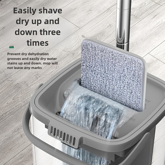 Flat Mop with Bucket Set, Hands-Free Wringing Floor Mop, 6 Replacement Microfiber Cloths, Wet & Dry Dual-Use, Durable Plastic Frame
