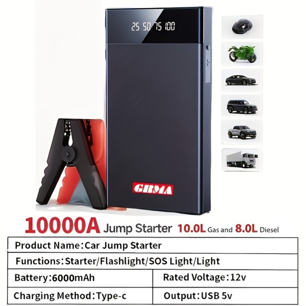 Portable Car Jump Starter 12V – Peak Power Battery Booster Pack for 8.0L Gas & Diesel Engines, USB Charging & LED Emergency Light