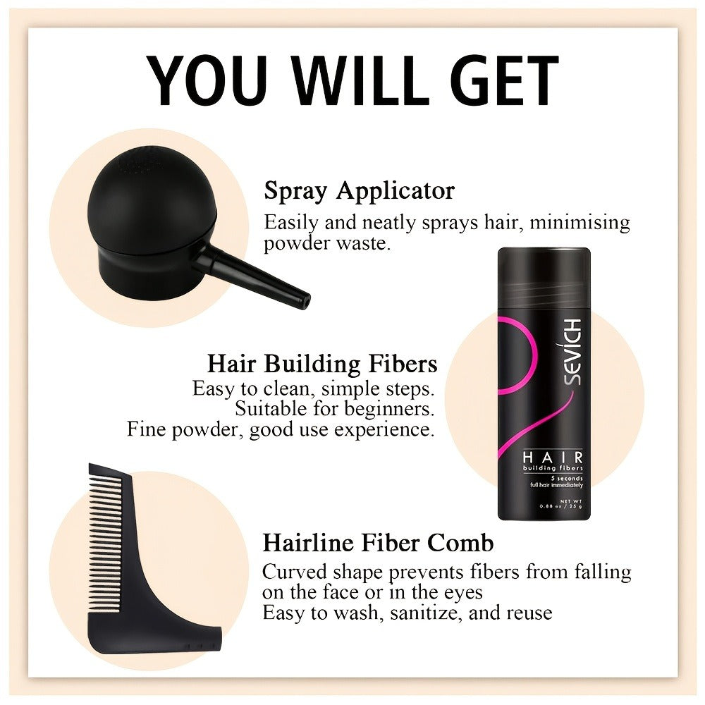 Keratin Hair Fibers 3-Piece Kit with Spray Pump & Optimizer, Instant Thickening Powder for Thinning Hair & Beard