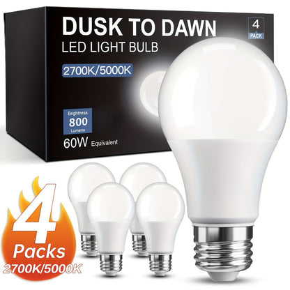 Dusk to Dawn LED Bulbs 4 Pack Auto On Off Light Sensor – 9W 60W Equivalent E26 Base 2700K Warm White for Porch Garage Pathway Outdoor