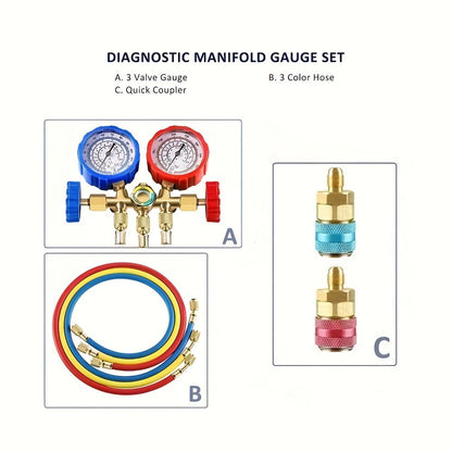 AC Manifold Gauge Set 3-Way with Color-Coded Hoses & Adapters for R134A R22 R12 R404A – HVAC Diagnostics A/C Recharge Leak Detection 0-500
