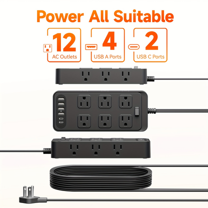 Charging Station 18-in-1 Power Strip Surge Protector 12 AC Outlets 6 USB Ports 4 USB-A 2 USB-C for an Everyday Personal Care Routine