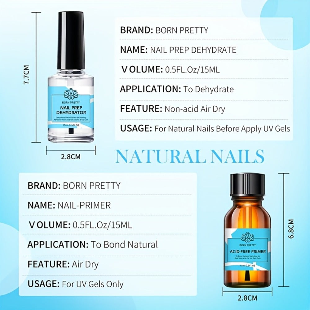 Gel Nail Prep Kit 4-Piece BORN PRETTY – Nail Dehydrator 15ml, Primer 15ml, Base Gel 10ml & Super Top Coat 10ml for Semi-Permanent