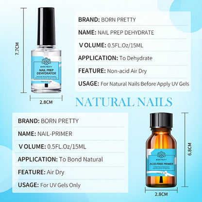 Gel Nail Prep Kit 4-Piece BORN PRETTY – Nail Dehydrator 15ml, Primer 15ml, Base Gel 10ml & Super Top Coat 10ml for Semi-Permanent