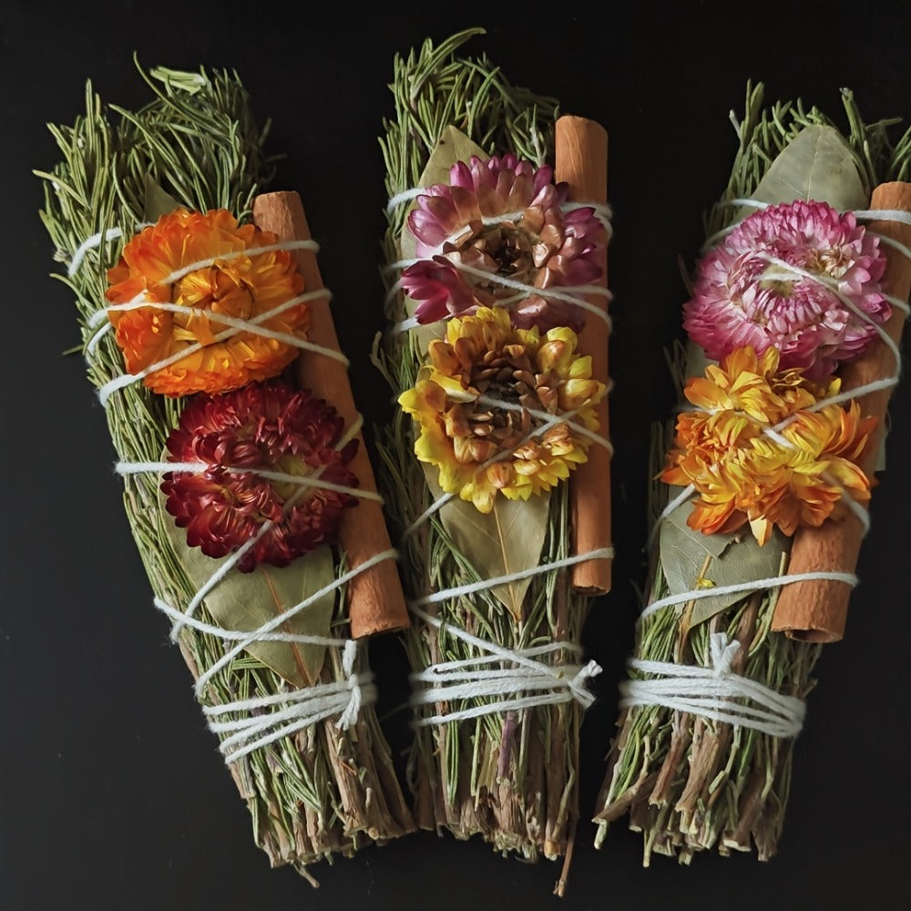 Rosemary Cinnamon Dried Flower Bundles 5pcs, Handmade Aromatic Home Decor Sticks with Bay Leaves & Daisies