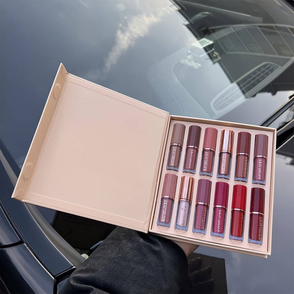 Liquid Lipstick Set 12 Pcs Velvet Matte, Non-Transfer Shimmer & Nude Shades in Elegant Book-Style Gift Box