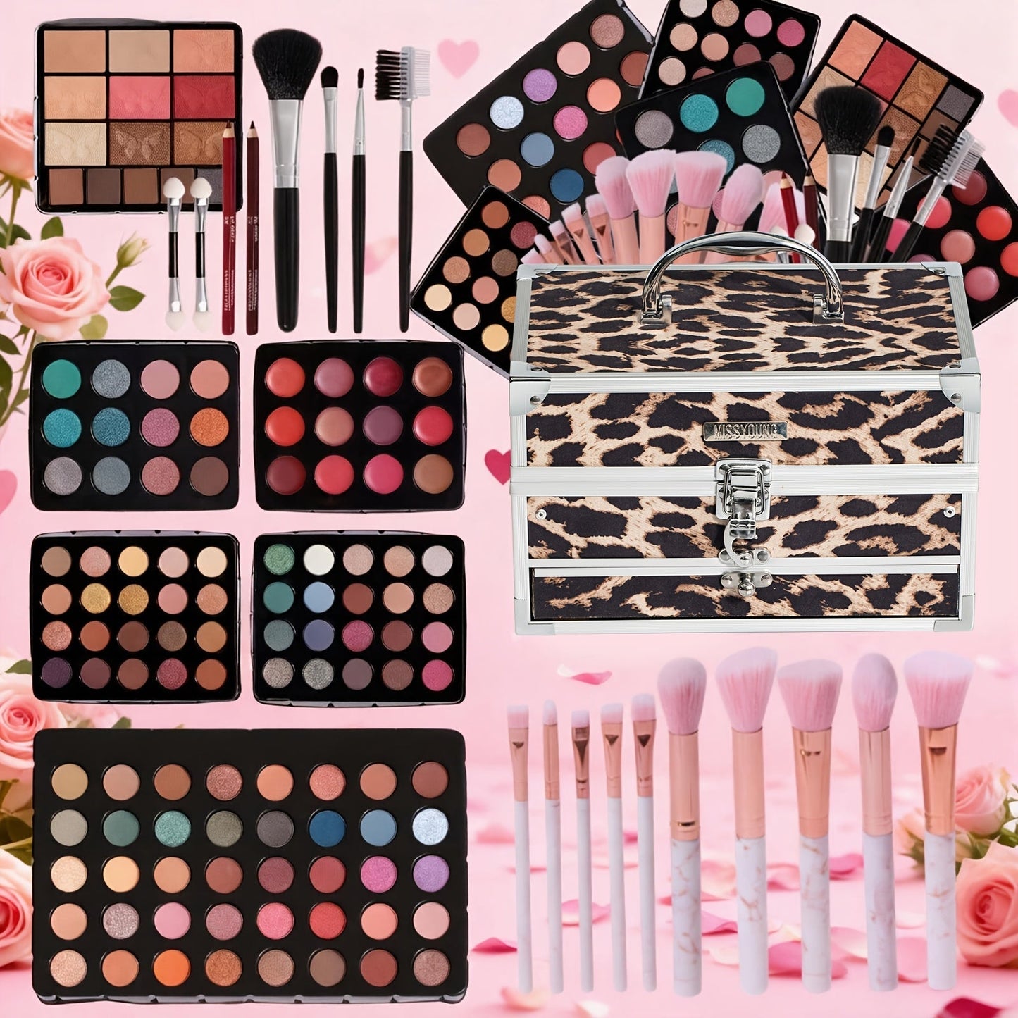 Portable Makeup Case Set with Fold-Out Color Palettes, Brush Collection and Silver or Leopard-Print Case Options