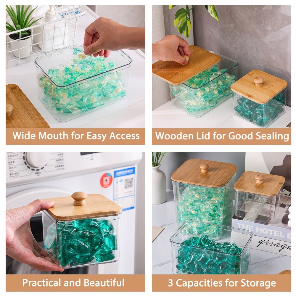 Laundry Pod Containers Set of 4 with Lids Scoops and Labels for Entryways, Bedrooms and Living Spaces