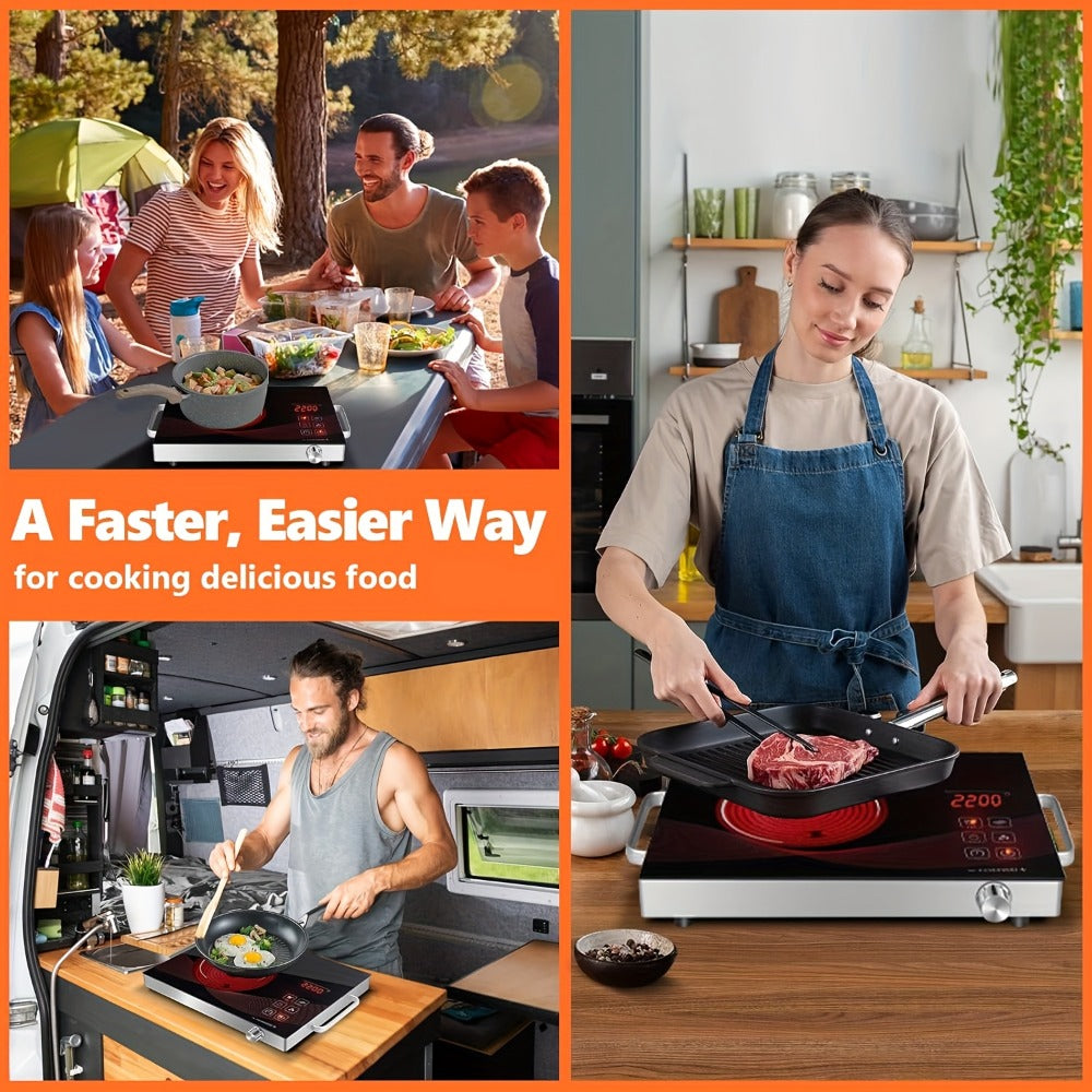 Portable Electric Induction Cooktop 2200W Ceramic Infrared Hot Plate with Adjustable Temperature & Dual Touch Rotation Control