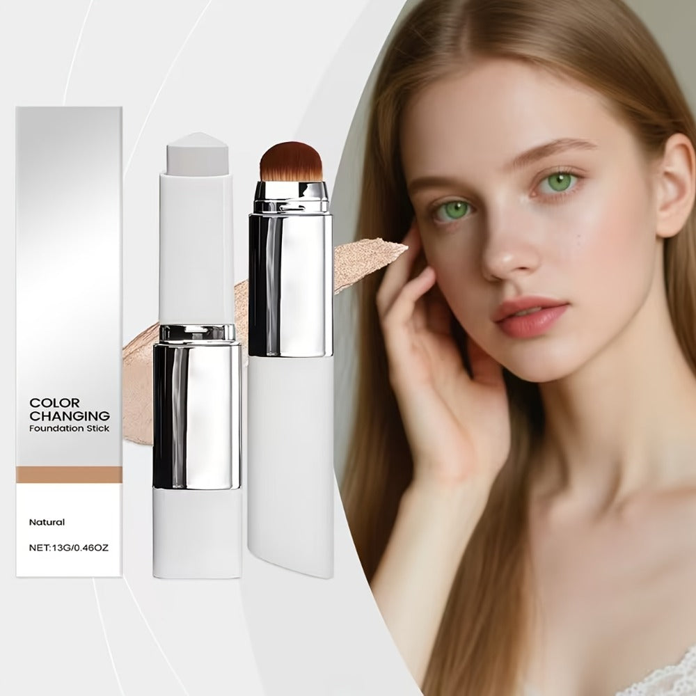 Skin Tone Adapting Color-Changing Foundation Stick 2-Piece with Built-In Brush & Puff – Lightweight Matte Finish Sheer to Buildable Coverage