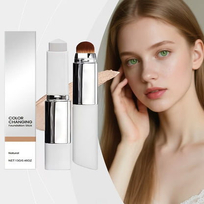 Skin Tone Adapting Color-Changing Foundation Stick 2-Piece with Built-In Brush & Puff – Lightweight Matte Finish Sheer to Buildable Coverage
