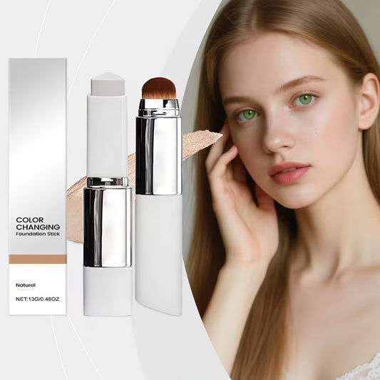 Skin Tone Adapting Color-Changing Foundation Stick 2-Piece with Built-In Brush & Puff – Lightweight Matte Finish Sheer to Buildable Coverage