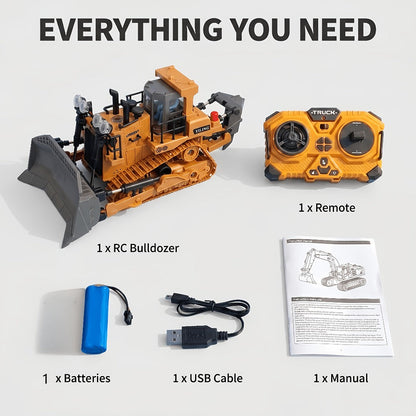 RC Bulldozer 1:24 Scale Alloy with 680° Rotation & Working Arm, 2.4GHz Remote Control Construction Vehicle for Kids