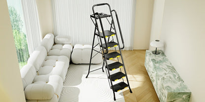 6 Step Ladder with Handrails & Tool Platform, Folding Step Stool Wide Pedal Steel Safety Ladder for Adults