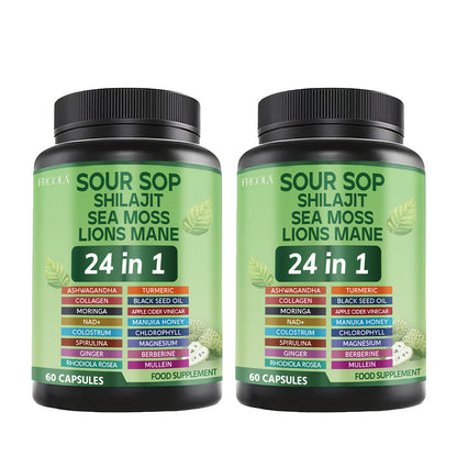 Soursop Graviola Supplement Capsules 24-in-1 with Sea Moss, Shilajit, Lion’s Mane, Vitamin D3, Black Seed Oil