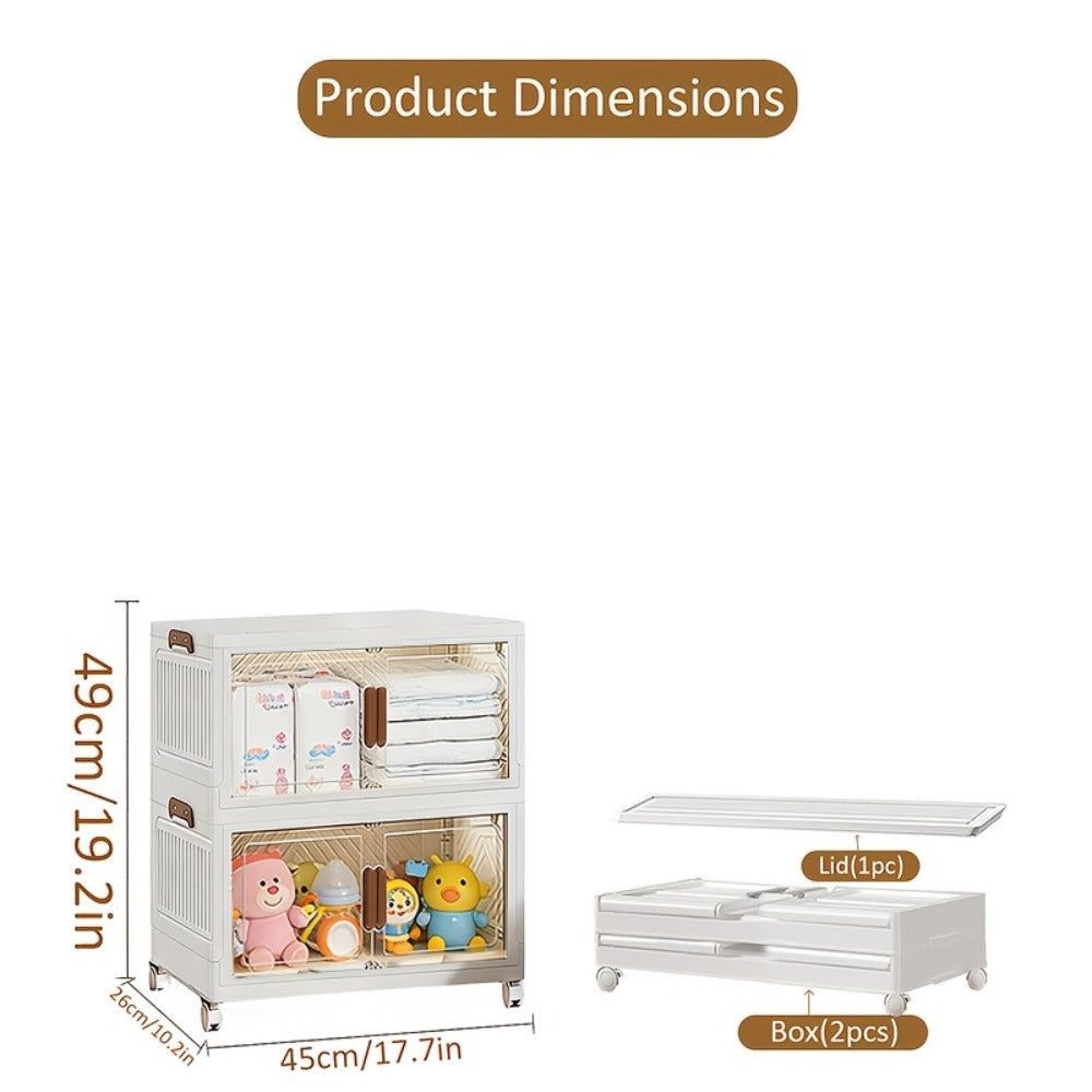 Stackable Foldable Storage Cabinet with Door, PP Plastic 1/2/3/4/5 Layer Organizer Box with Wheels & Cover
