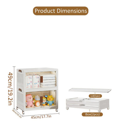 Stackable Foldable Storage Cabinet with Door, PP Plastic 1/2/3/4/5 Layer Organizer Box with Wheels & Cover