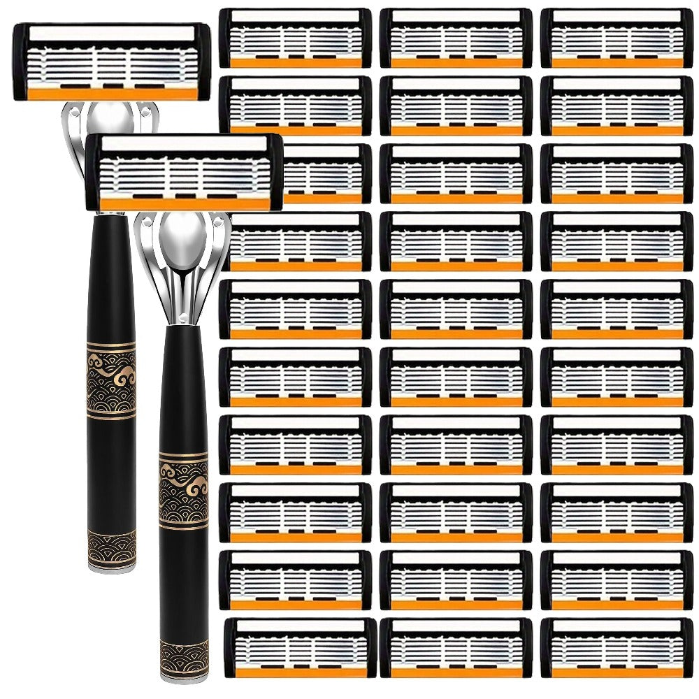 Men's Razor 6-Layer Blade Refill Kit with Handle Smooth Precise Shaving – Multiple Options 6 12 24 30 36 Blades Cartridge Razor