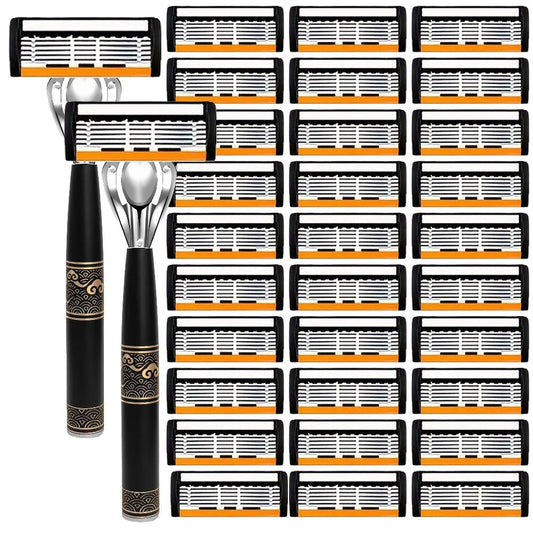 Men's Razor 6-Layer Blade Refill Kit with Handle Smooth Precise Shaving – Multiple Options 6 12 24 30 36 Blades Cartridge Razor