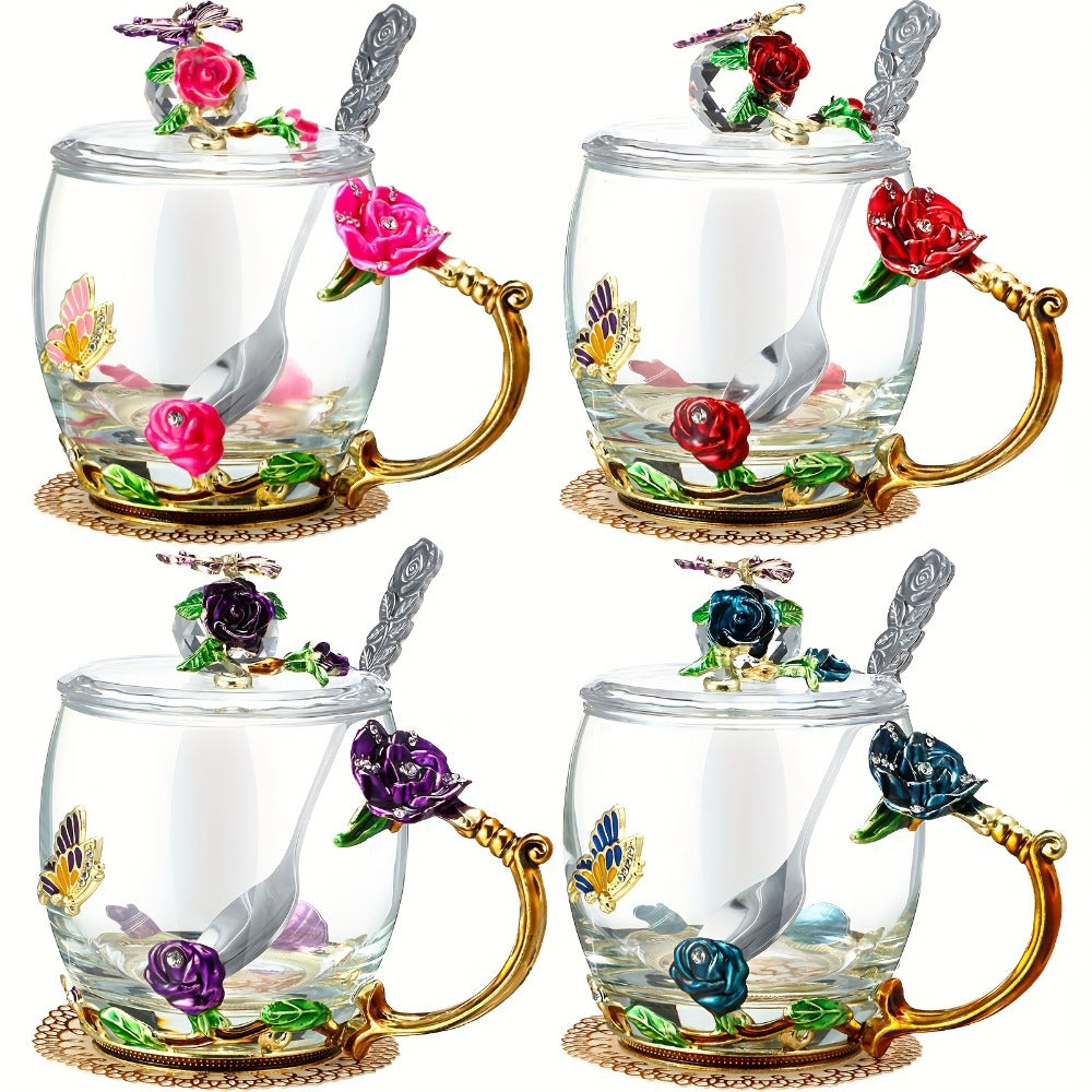 Flower Glass Tea Cups with Lids and Spoon Set of 4, Butterfly Floral Vintage Clear Glass Mugs 11oz