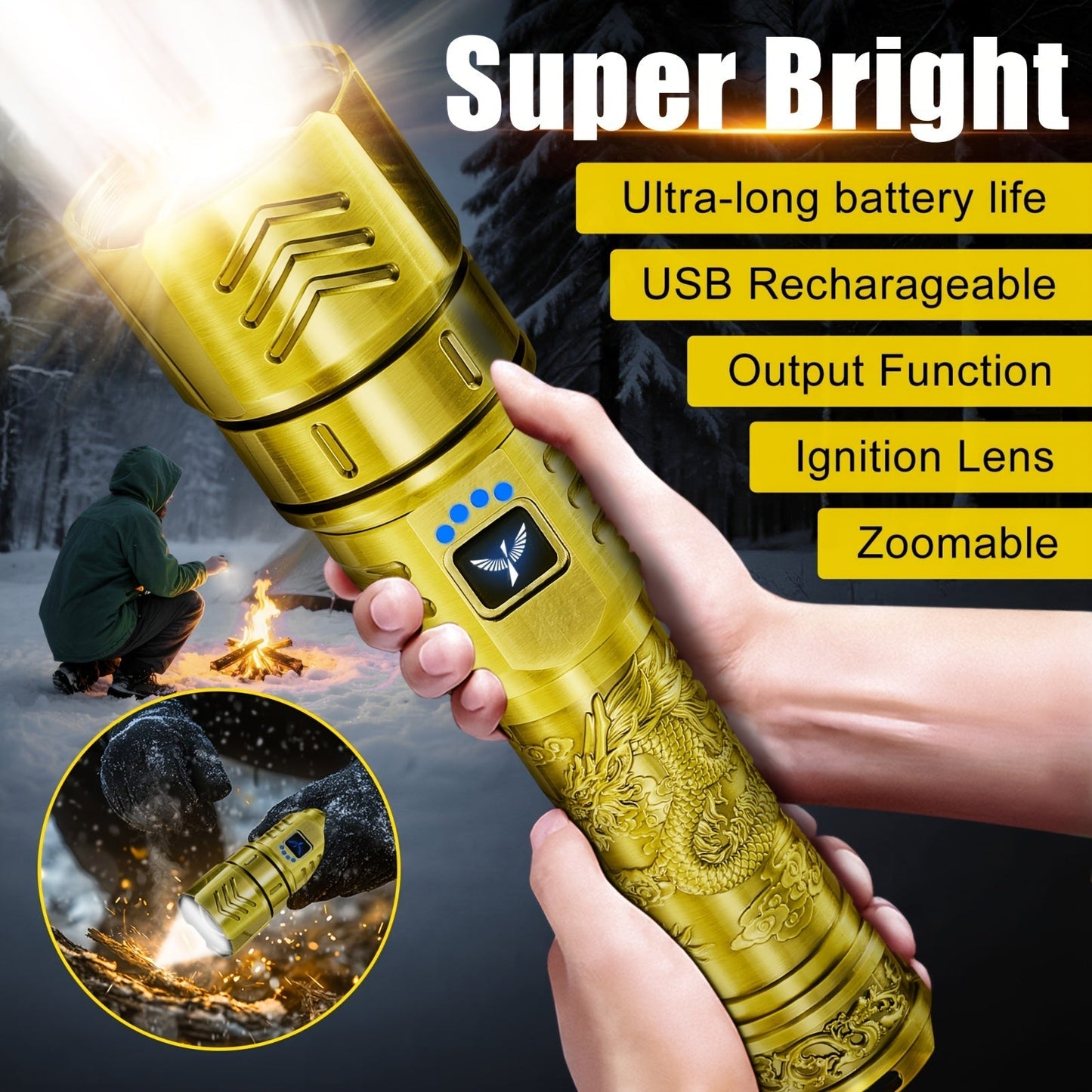 Rechargeable Flashlight 4000mAh – 1000 Lumen Dragon Pattern LED Torch, Zoomable Beam, Fire Starter Lens, 4 Modes