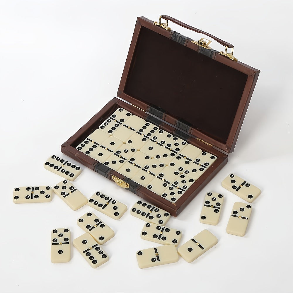 Domino Set 28 Tiles Classic Black with Leather Case – Durable Plastic Dominoes Portable Storage Box for Family Games Party Group Play