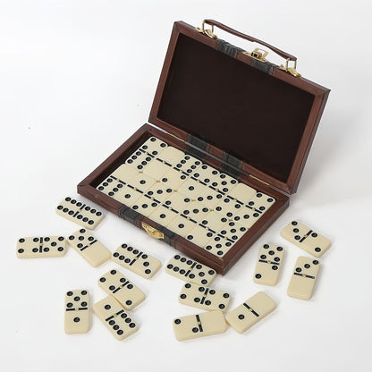 Domino Set 28 Tiles Classic Black with Leather Case – Durable Plastic Dominoes Portable Storage Box for Family Games Party Group Play