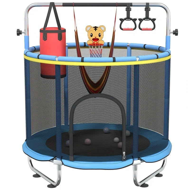 60 Inch Trampoline with Enclosure and Gymnastics Bar, Height Adjustable Indoor Outdoor Round Trampoline with Toys for Kids