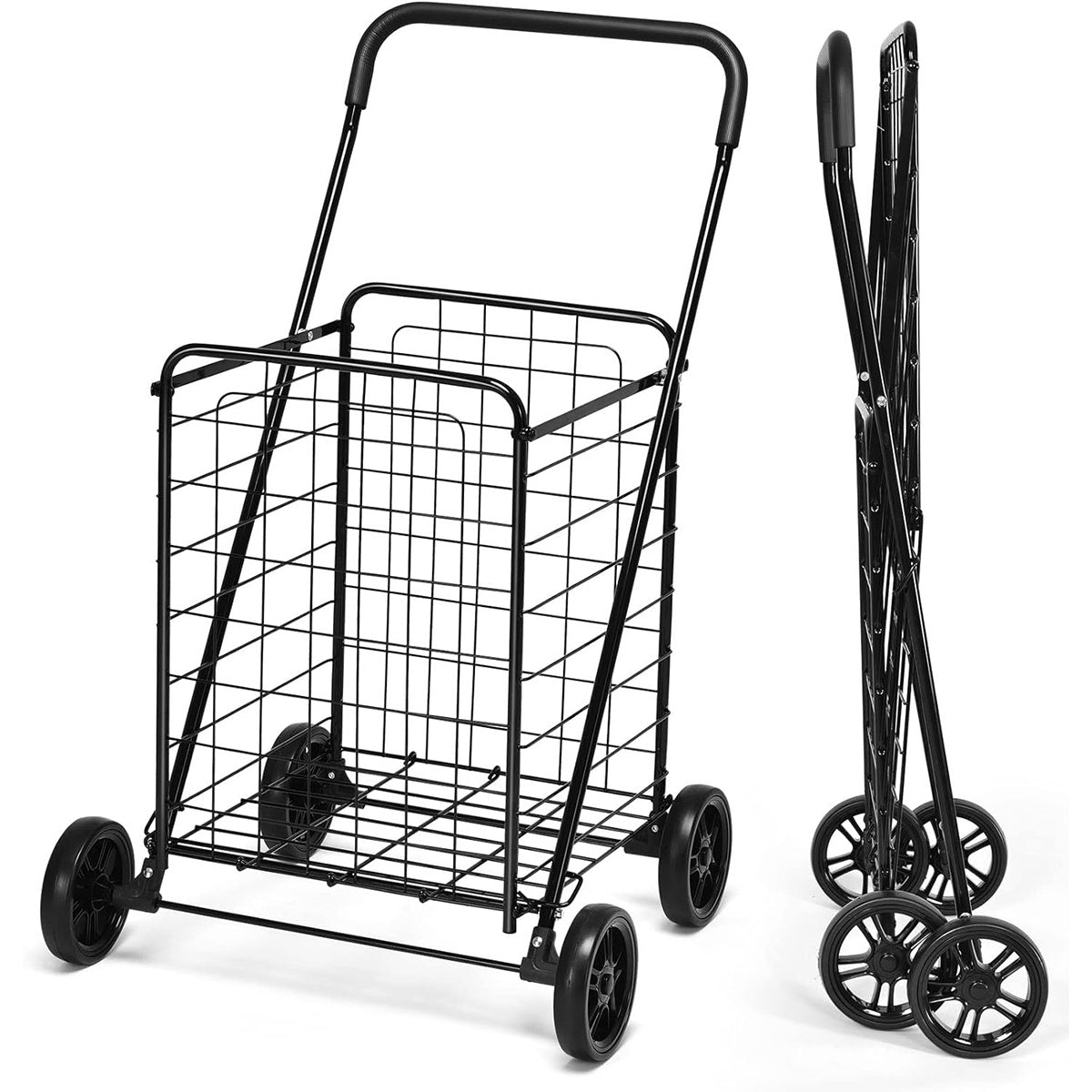 Rolling Shopping Cart Metal Basket, Foldable Grocery Utility Cart with Foam Handle Large Wheels 22 Gal for Supermarket Laundry Warehouse