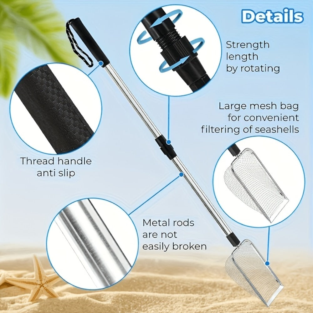 Stainless Steel Beach Sand Sifter with Retractable Telescopic Handle – Portable Sand Sieve for Treasure Hunting